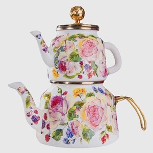 Enamel Teapot Set, Vintage Floral Turkish Tea Maker with Gold Rose Knob