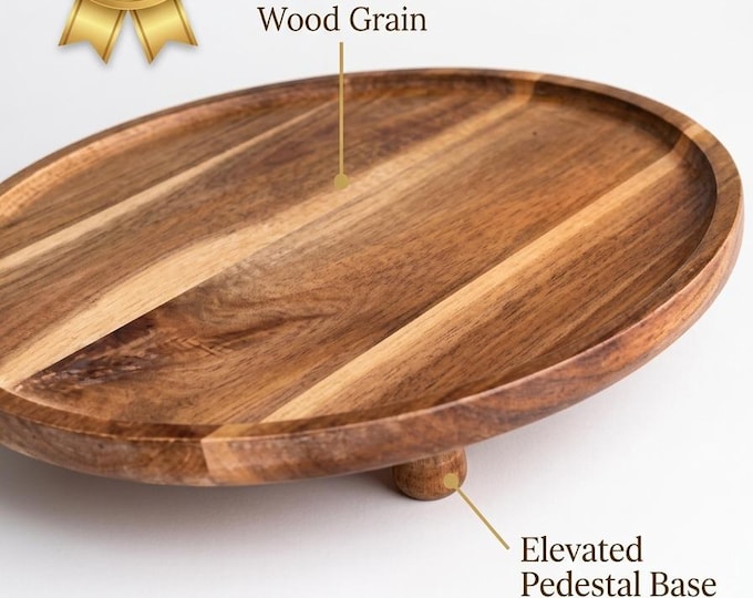 Footed Acacia Wood Serving Tray, 32 cm Round Platter with Raised Rim, Natural Grain, Dining Table Decor, EcoFriendly Food Presentation Stand