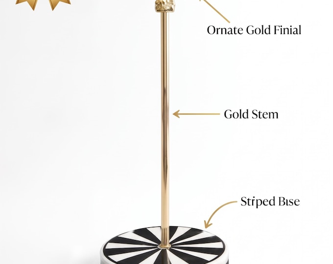 Handcrafted Ceramic Paper Towel Stand, Black-White Striped Base, Gold Coral Finial