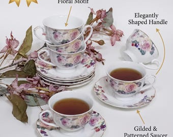 12-Piece Porcelain Rose Tea Set, Pink Purple Flowers, Gold Trim (6 Cups, 6 Saucers)