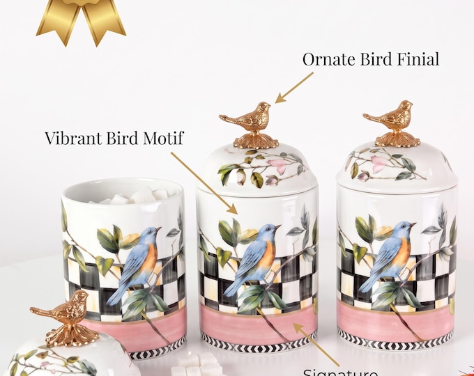 Spice Jar Set, 3-Piece Porcelain with Bird Finials, Floral Bird Motif, Gold Accents, Kitchen Storage, Vintage Look, Modern Kitchen Decor