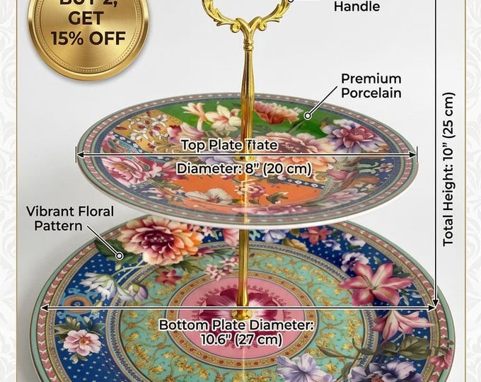 Floral Cake Stand, Two-Tier Porcelain Tea Party Decor | Vintage Gold Handle Dessert Tower for Afternoon Tea, Cupcakes & Pastries