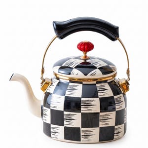 Enamel Teapot, Black And White Check Pattern With 2200 ml Capacity