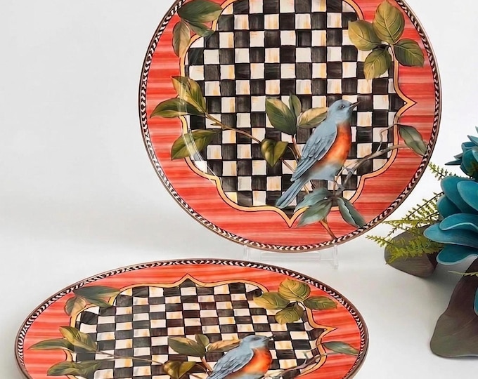 Enamel Dessert Plates Set, Bluebird Checkered Pattern, Rustic Farmhouse Style (30cm)