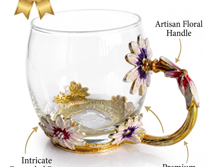Glass Coffee Mug with Floral Gold Handle, Enamel Accents, Decorative Art Cup