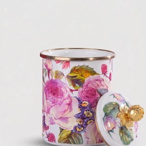 Enamel Canister, Floral Storage Jar Measuring 15 cm with Gold Rose Knob