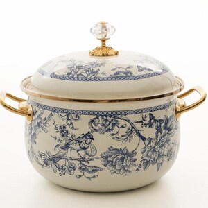 Blue Toile Pot, 3.5 Liter Enamel Cookware with Glass Knob Lid