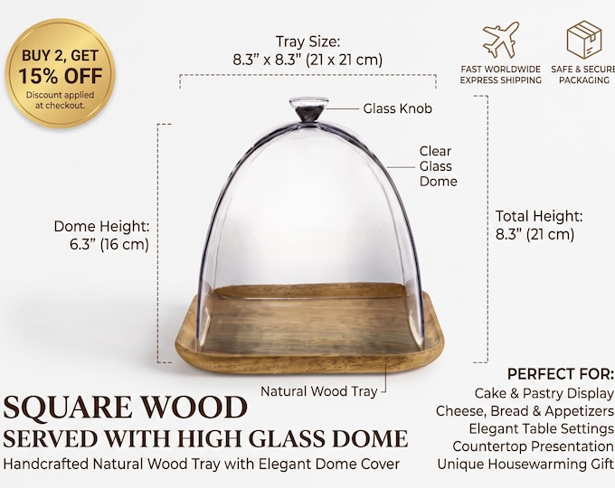 Square Glass Cloche with Wooden Base, 21cm Food Display Dome for Cheese, Desserts, Pastries, Table Centerpiece, Covered Serving Tray