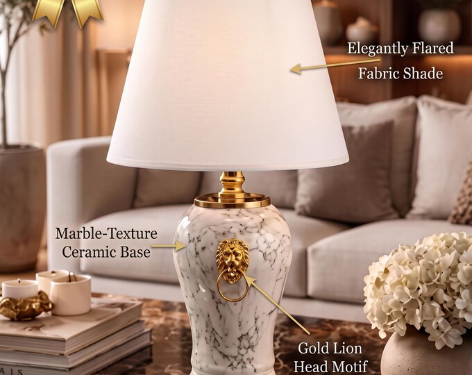 White Marble Look Ceramic Lamp, Gold Lion Detail, Hollywood Regency Style (48cm)