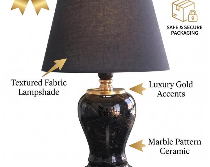 Black Marble Lamp with Gold Accents, Ceramic Base, Modern Nightstand & Living Room Table Light, 48 x 30cm