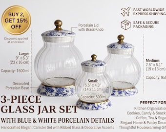Glass Canister Set with Blue and White Floral Porcelain Lids, Ribbed Glass Storage Jars, Decorative Kitchen Counter Organizers, 3-Piece