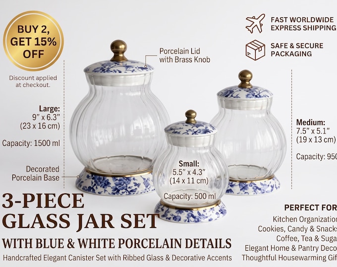 Glass Canister Set with Blue and White Floral Porcelain Lids, Ribbed Glass Storage Jars, Decorative Kitchen Counter Organizers, 3-Piece