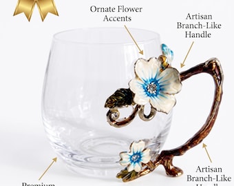 Floral Glass Mug, 200 ml Clear Body with Blue Enamel-Style Flower Handle, Unique Drinkware, Gift for Tea Lovers, Handmade Glass Mug