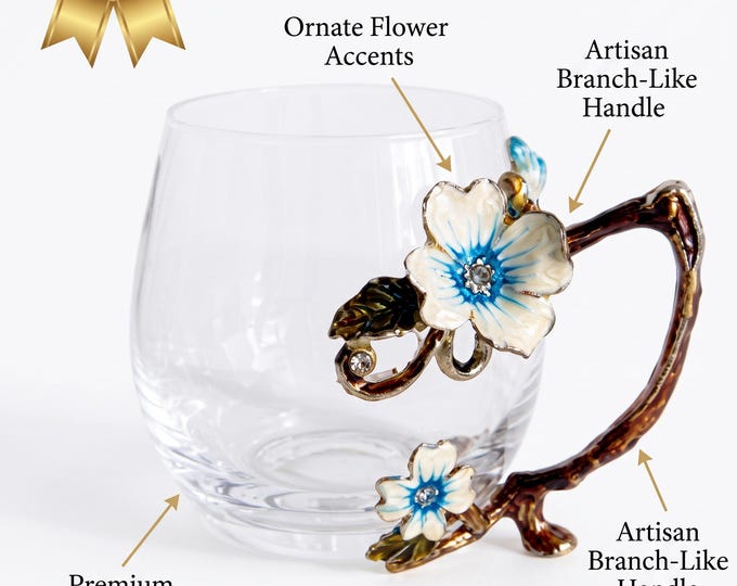 Floral Glass Mug, 200 ml Clear Body with Blue Enamel-Style Flower Handle, Unique Drinkware, Gift for Tea Lovers, Handmade Glass Mug