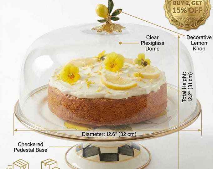 Lemon Cake Stand with Plexi Dome, Enamel on Steel, Checkered Pedestal, Covered Dessert Display, Retro Lemon Motif, 30cm