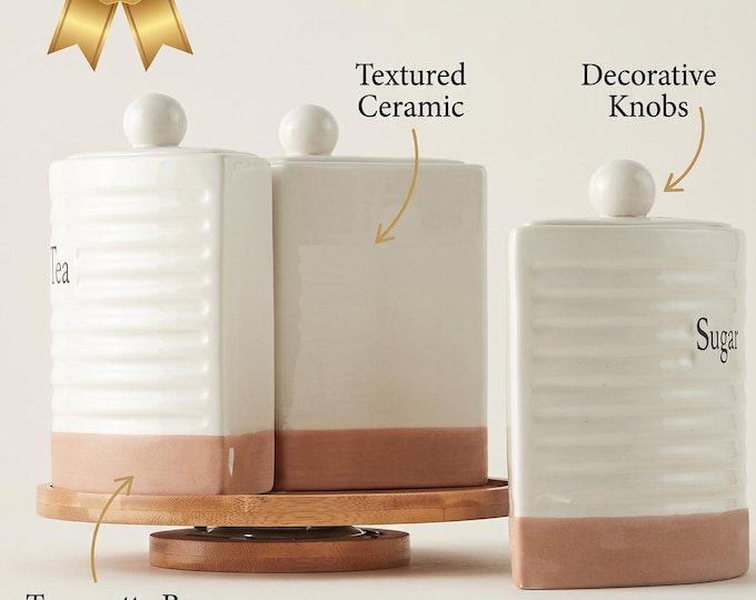 Ceramic Tea Coffee Sugar Set with Rotating Bamboo Stand | Modern Farmhouse Kitchen Storage Jars, 900 cc, White with Terracotta Bands