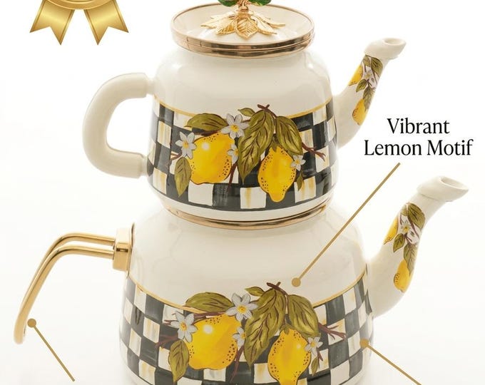 Turkish Lemon Checkered Enamel Tea Set | Vintage Style Stacked Teapot & Kettle | Whimsical Kitchen Tea Service for Tea Lovers
