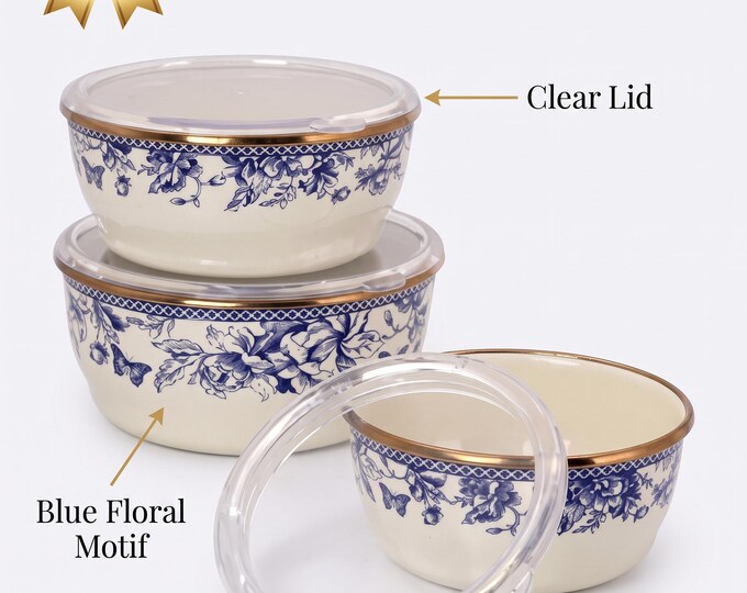 Blue Floral Enamel Food Storage Set | Nesting Bowls with Clear Covers | Kitchenware with Gold Rims, Vintage Decor, Food Containers