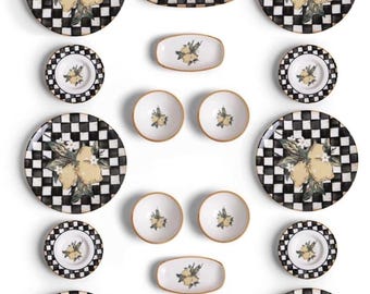 Lemon Checkered Porcelain Dinnerware Set, Gold Edging, 22-Piece Breakfast Collection