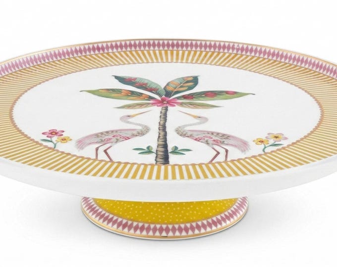 Tropical Cake Stand, 21 cm Porcelain with Pink Cranes and Palm Tree Design, Botanical Dessert Plate, Whimsical Serveware,