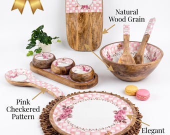 Wood Kitchen Set with Pink Floral and Butterfly Design, 10-Piece Serving Collection, Rustic Wooden Tableware, Gift for Mom, Housewarming