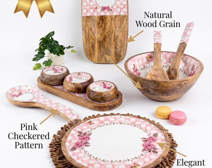 Wood Kitchen Set with Pink Floral and Butterfly Design, 10-Piece Serving Collection, Rustic Wooden Tableware, Gift for Mom, Housewarming