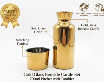 Gold Glass Bedside Carafe Set, 700ml Pitcher with Tumbler, Modern Drinkware