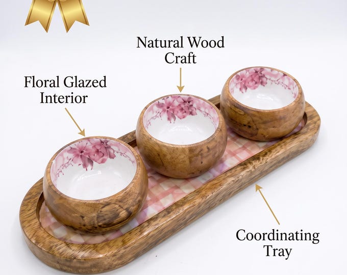 Wood Serving Tray with Three Mango Wood Bowls, Pink Rose Interior, Rustic Snack and Sauce Dish Set, Housewarming Gift, Kitchen Decor