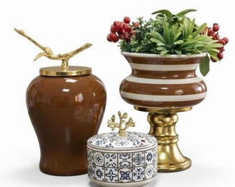 Brown White Gold Ceramic Decor Set, Footed Planter, Modern Eclectic Tabletop Accessories