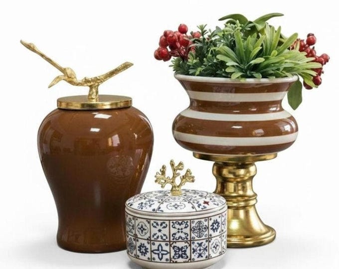 Brown White Gold Ceramic Decor Set, Footed Planter, Modern Eclectic Tabletop Accessories