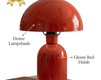 Retro Red Mushroom Dome Metal Desk Lamp, Midcentury Home Office Lighting