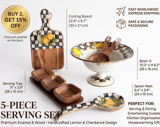 Lemon Serving Set with Checkered Enamel and Mango Wood | 9-Piece Salad and Charcuterie Board Set | Modern Rustic Kitchen Decor and Gift