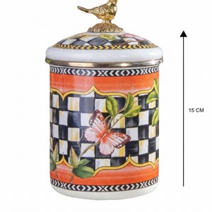 Whimsical Butterfly & Checkered Enamel Canister with Gold Bird Knob (15cm)