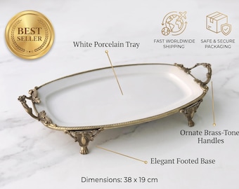 White porcelain tray 38 x 19 cm with ornate antique brass frame, decorative serving platter, jewelry display tray, vintage vanity