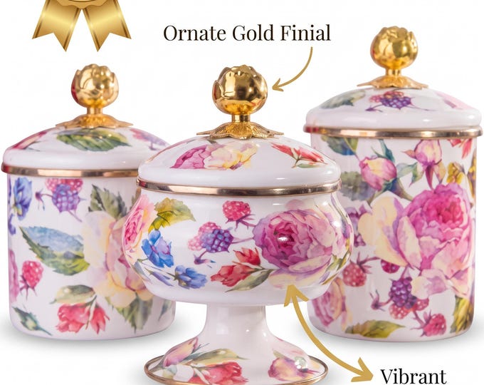 Vintage Floral Enamel Jar Set, Gold-Tone Lids, Kitchen Storage (12cm, 15cm)