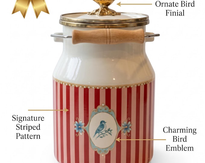 Red Striped Canister with Bird Finial Lid, Enamelware, 2-Liter Vintage Kitchen Storage, Cottagecore Farmhouse Decor, Blue Bird Motif