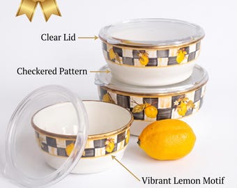 Enamel Nesting Bowls Set, Lemon Checkered Pattern, Gold Accents, Kitchen Storage (3 Sizes)