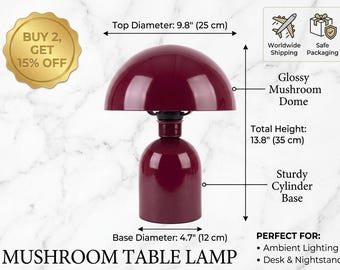 Oxblood Red Glossy Metal Mushroom Table Lamp, Mid-Century Desk Light, Accent Lighting