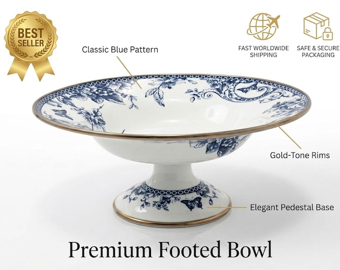 Blue and White Enamel Footed Bowl | Chinoiserie Floral Design (30cm)
