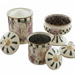 Floral Enamel Canister Set: Tea, Coffee, Sugar Storage Jars, Vintage Kitchen Decor