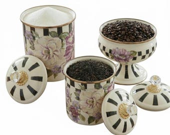 Juego de botes de esmalte con diseño floral: Tarros para té, café y azúcar, decoración de cocina vintage.