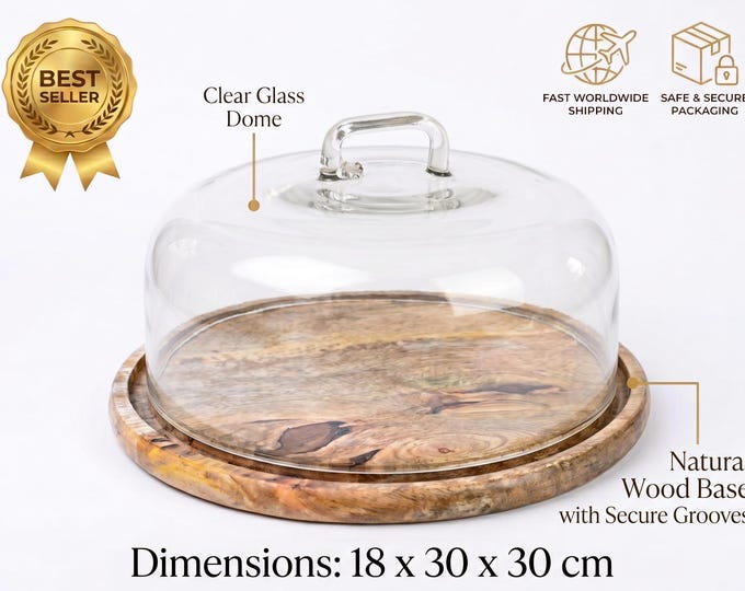Glass Cloche Dome with Acacia Wood Base, 18x30x30 cm Cake Storage, Pastry Display, Food Cover, Clear Glass Lid, Kitchen Serving Tray