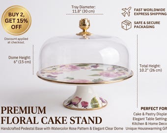 Floral Enamel Cake Stand with Plexiglass Dome | 30cm Shabby Chic Dessert Display