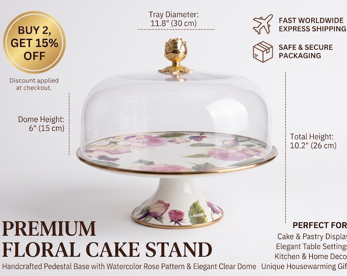 Floral Enamel Cake Stand with Plexiglass Dome | 30cm Shabby Chic Dessert Display