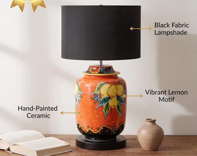 Hand-Painted Ceramic Table Lamp with Floral Fruit Motifs, Black Shade, Vintage Style, Home Decor, Living Room or Bedroom Lighting