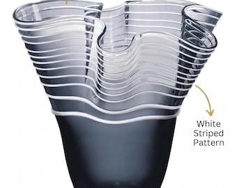 Modern Glass Vase, Dark Blue with White Horizontal Stripes, Wavy Edge, Sculptural Decorative Vase, Contemporary Home Decor, 32x30 cm
