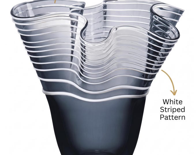 Modern Glass Vase, Dark Blue with White Horizontal Stripes, Wavy Edge, Sculptural Decorative Vase, Contemporary Home Decor, 32x30 cm