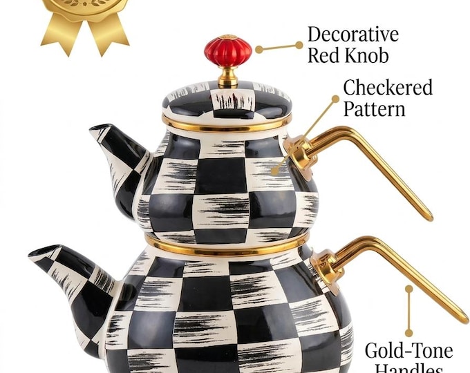 Checkered Teapot Set, Black White Enamel Turkish Tea Kettle, Stacked Double Pot with Gold Handles, 1L & 2L Vintage Enamelware, Kitchen Decor