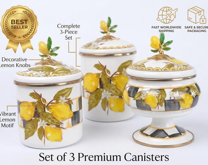 Lemon Canister Set, 3-Piece Enamelware Kitchen Storage with Citrus & Leaf Motifs, Gold Trim, Decorative Lemon Finials, Vintage Ceramic Jars