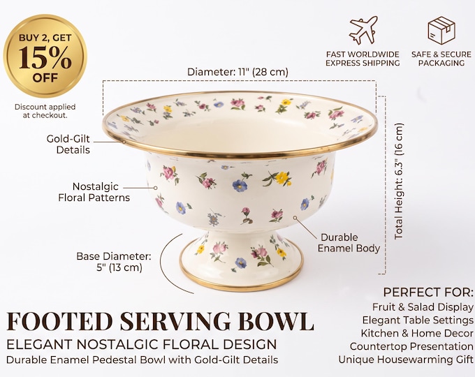 Footed Fruit Bowl, White Floral Enamel Centerpiece with Gold Edging, Vintage 4L Compote Dish for Kitchen Decor, Tableware, Seasonal Display
